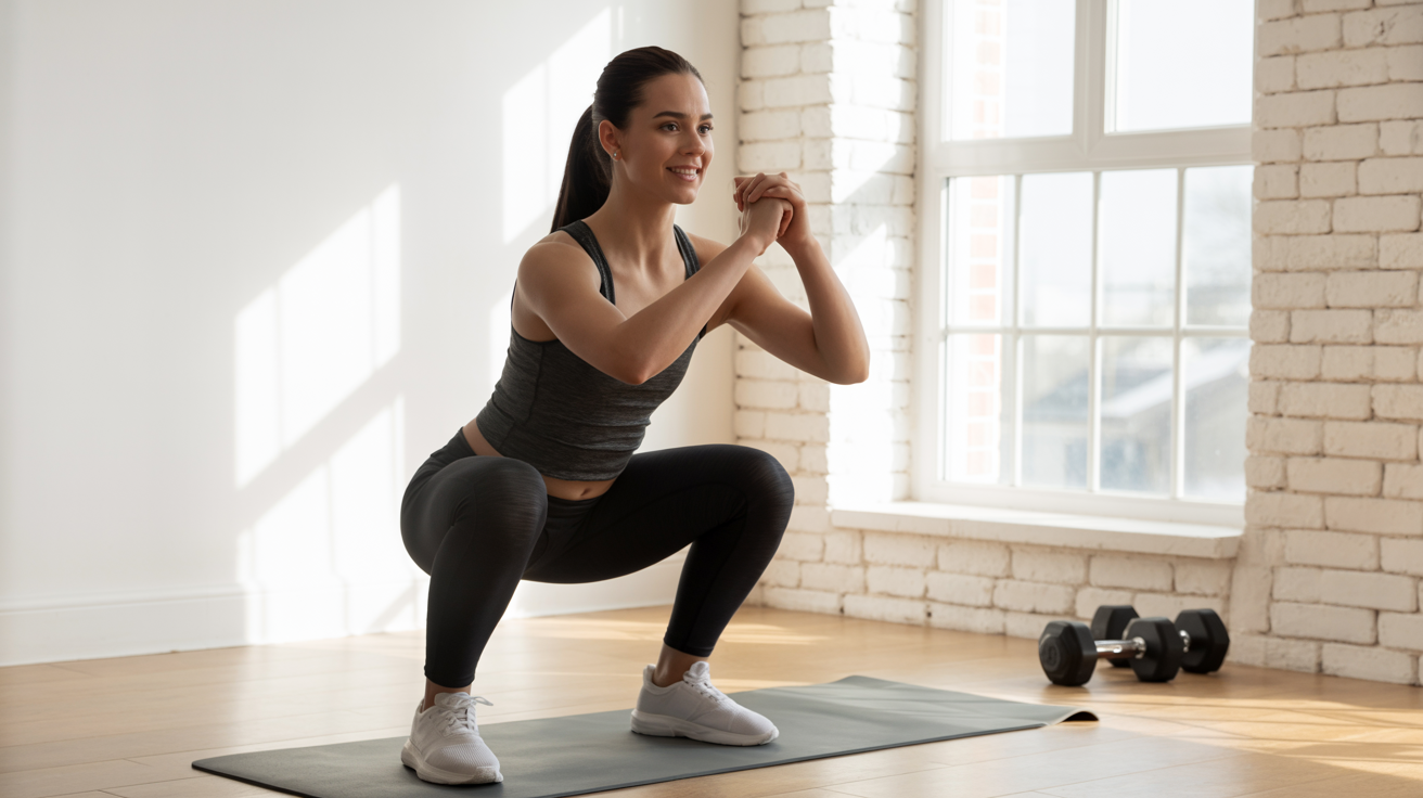A woman doing a squat excercise at home
