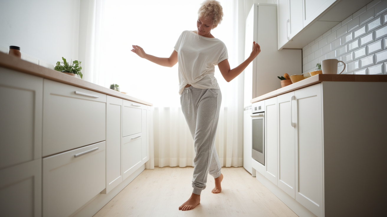 A woman somantic workout in kitchen